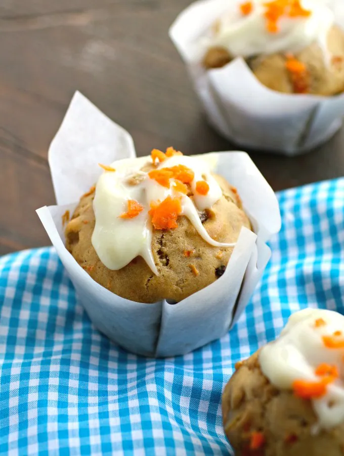 Enjoy these seasonal, delicious Carrot Cake Muffins with Ginger-Cream Cheese Glaze