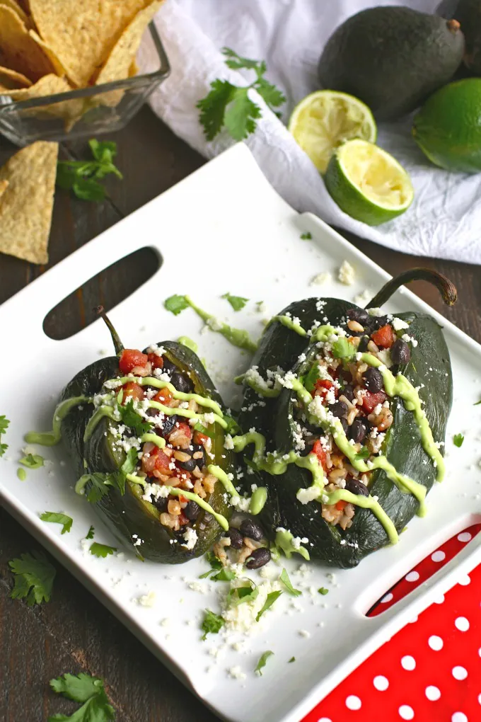For a wonderful and comforting meatless dish, choose Black Bean and Rice Stuffed Poblano Peppers with Avocado Cream.