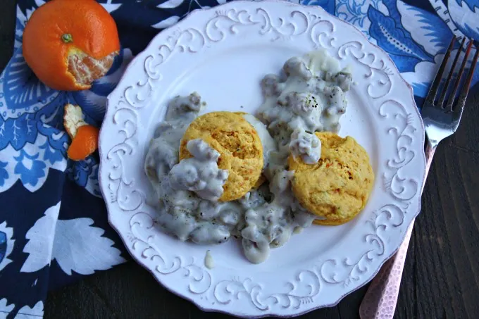 A savory and mouth-watering breakfast (or breakfast-for-dinner): Sausage Gravy and Sweet Potato-Sage Biscuits!