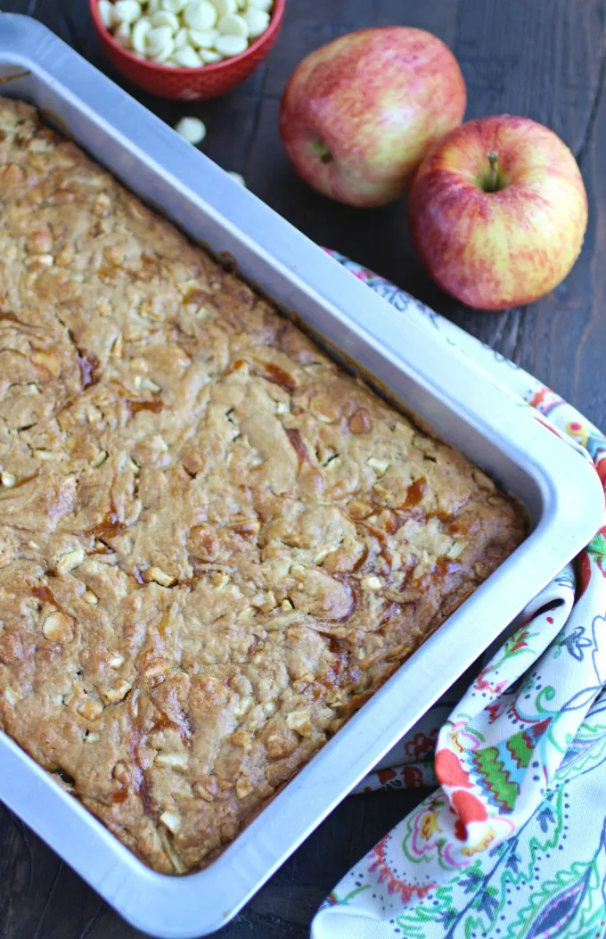 A pan of Caramel Apple and White Chocolate Chip Blondies are the perfect fall treat!