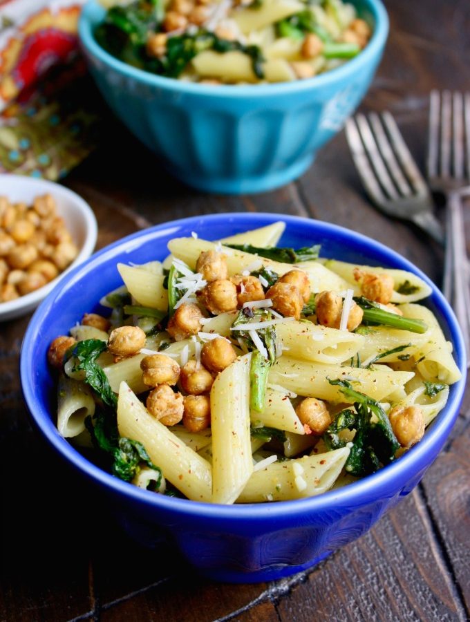 Pasta with Rapini and Crispy Chickpeas is a simple and delicious dish that's perfect for a weeknight meal!