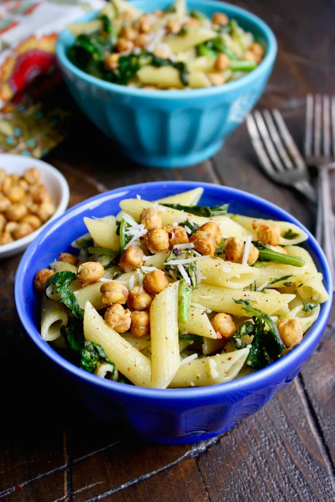 Pasta with Rapini and Crispy Chickpeas is a simple and delicious dish that's perfect for a weeknight meal!