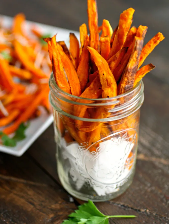 You'll love to dig into to these Sweet Potato "Fries" with Jalapeno-Onion Ranch Dip as either a side or snack!