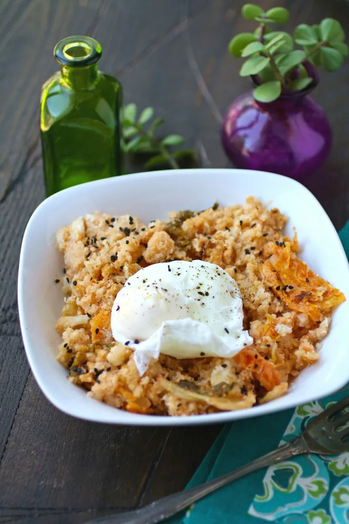 Enjoy a simple, yet flavorful dish like Kimchi with Cauliflower Fried "Rice" and Poached Eggs