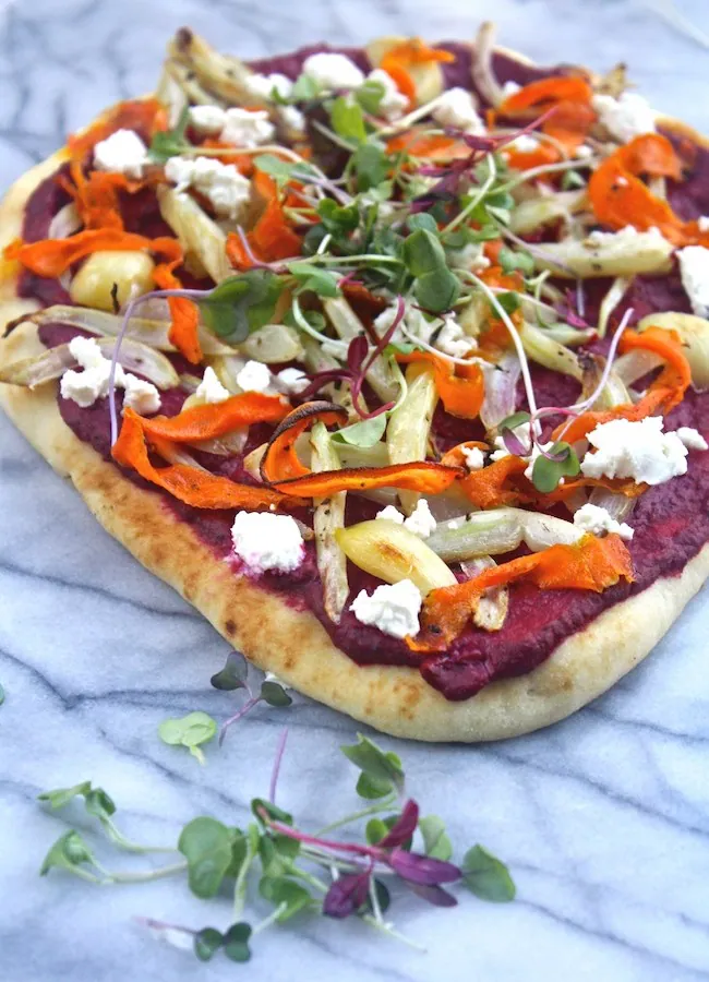 A pretty presentation and great flavor, too: Flatbread Pizza with Beet Hummus and Roasted Veggies