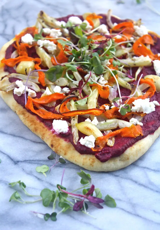 A pretty presentation and great flavor, too: Flatbread Pizza with Beet Hummus and Roasted Veggies